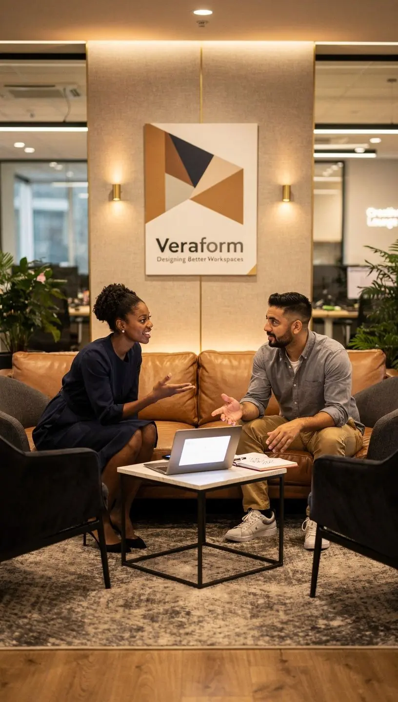 Декорированная стена с логотипом компании и успокаивающими цветами.