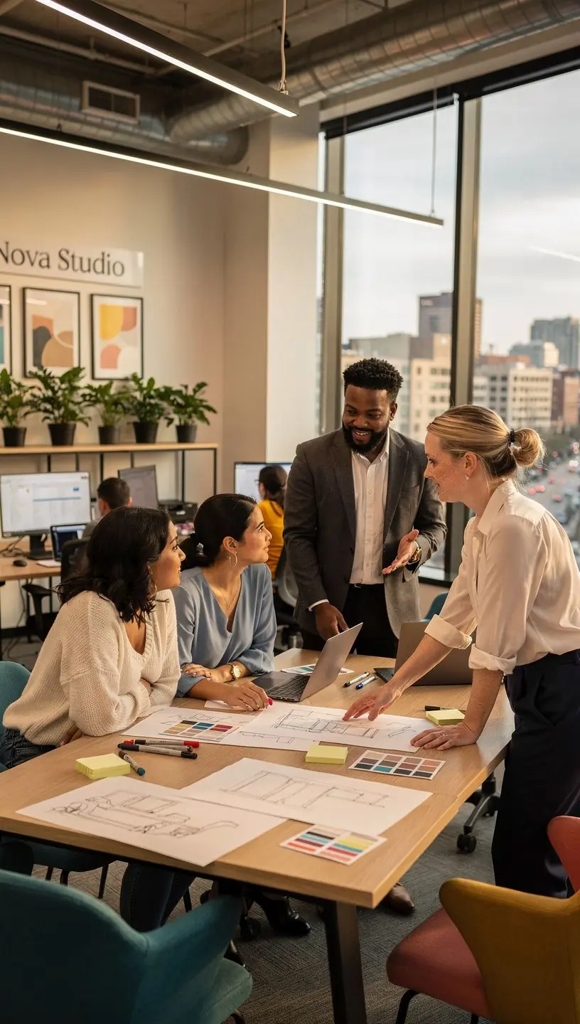 Спокойная цветовая палитра, способствующая продуктивной рабочей атмосфере.