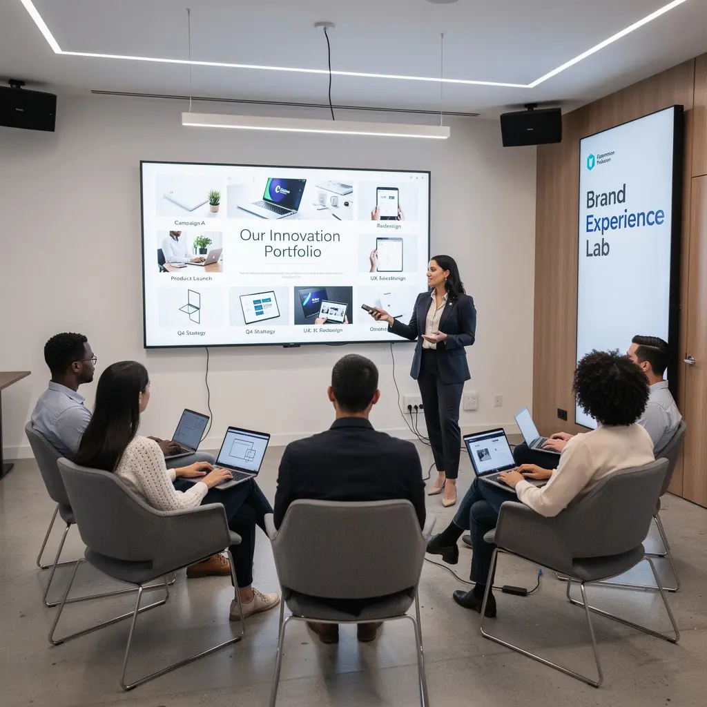 Современный офис с яркими акцентами и стильной мебелью.